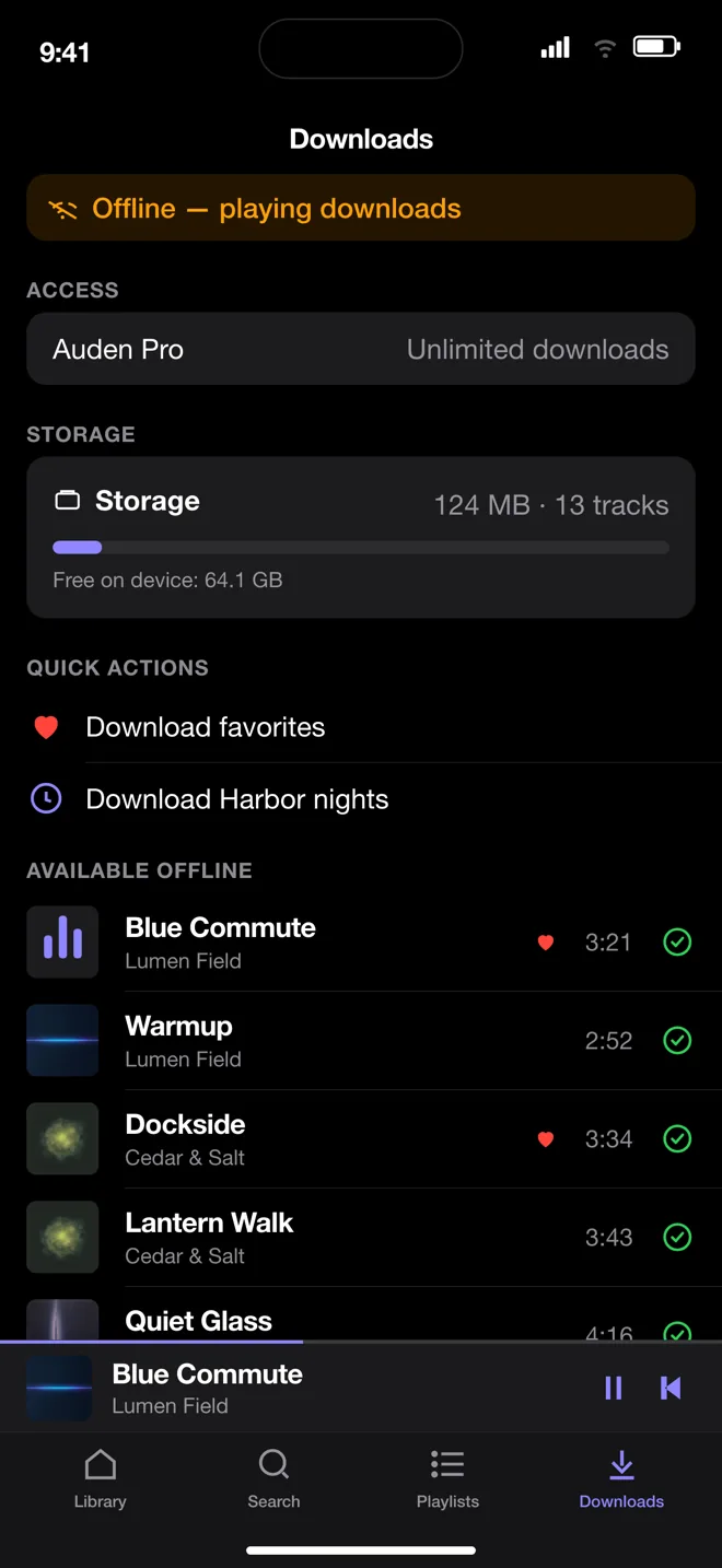 Auden’s Downloads screen: an offline banner, a storage meter showing 124 MB across 13 tracks, quick actions, and a list of tracks available offline.