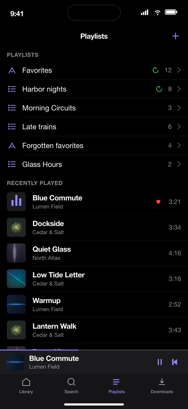 Auden showing the music collection browsed from the server, with a mini player docked above the tab bar.